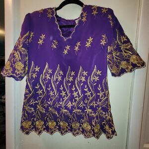 Vintage Womens Gold Embroidered Purple Blouse Elegant Wear Formal Wear India